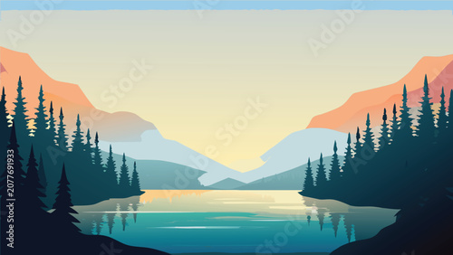 Bild auf Leinwand Mountain Landscape With Lake Reflection Vector Illustration