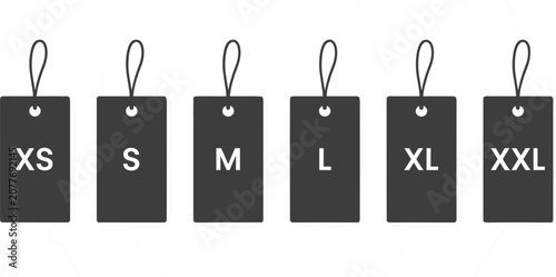 Black t-shirt size labels from xs to xxl with hanging loops