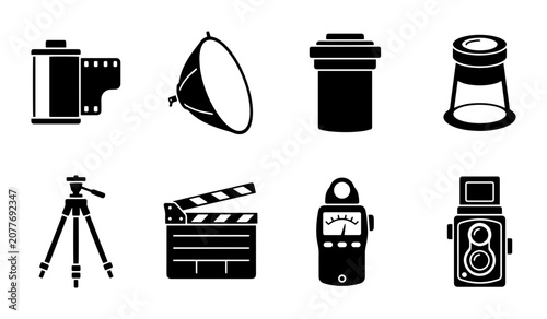 Εκτύπωση καμβά Photography Equipment Icons Set, Film Roll, Light Reflector, Tripod, Clapperboar