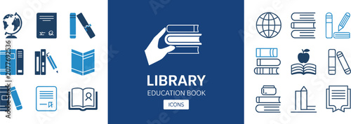 Flat of library education on blue background, books flat blue background