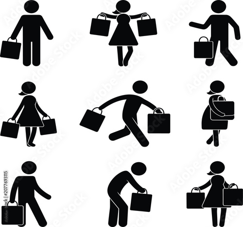 Nine diverse people performing various office and work-related activities in black and white
