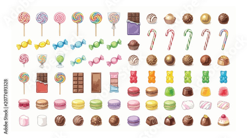 Colorful candy and chocolate collection, 70 sweet confectionery icons vector set, pastel lollipops and gummy bears, assorted dessert treats for menu design
