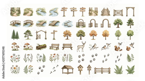 Watercolor forest map creator kit, 60 nature landscape elements vector set, rustic park and garden icons for outdoor wedding invitations and maps