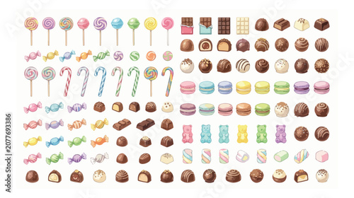 Assorted candy and chocolate collection, sweet dessert vector set with lollipops and macarons, colorful confectionery icons for bakery menu