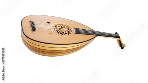 Foto Wooden oud lute with rosette soundhole and tuning pegs