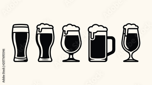 Bild auf Leinwand Beer glasses set with different types, outline and filled versions of beverage mugs and cups