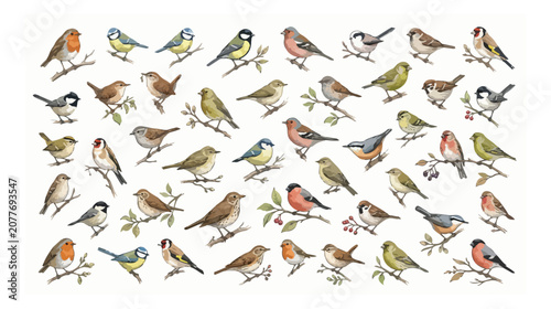 Vintage garden bird collection, set of 40 hand drawn songbird illustrations, watercolor style garden birds vector for nature guides and stationary