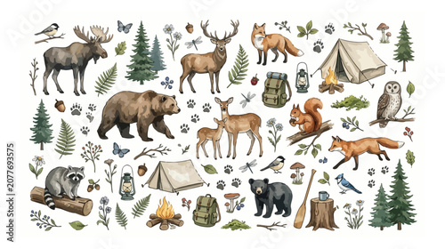 Watercolor woodland animals and camping vector set, forest wildlife illustrations with bear and deer, rustic outdoor adventure clip art