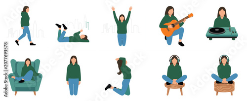 Of people performing various yoga poses in different colors exercise fitness de