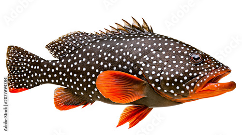 Принти на полотні Dark spotted grouper fish with bright orange fins, isolated on transparent backg