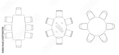 Top view architectural furniture floor plan symbols of dining table sets and office meeting tables with chairs.