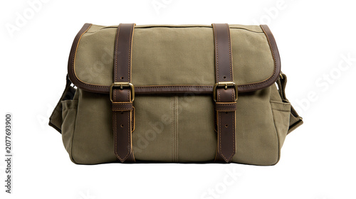 Khaki canvas messenger bag with brown leather straps and brass buckles