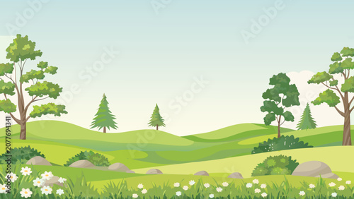 Rolling green hills landscape with trees and wildflowers illustration