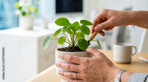 Obraz na plátně Close-up photograph of a person's hands using a small garden tool to tend to a Pilea plant in a white pot indoors