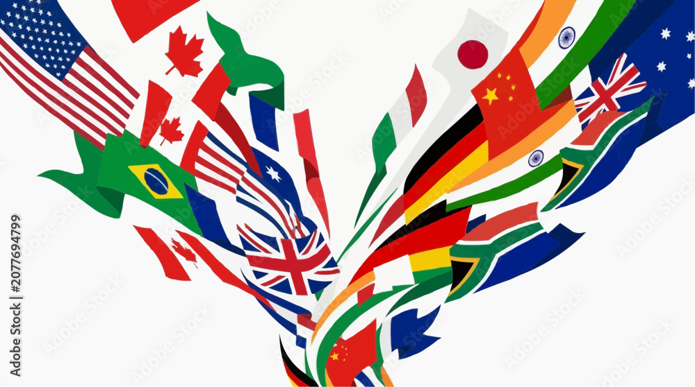 Fototapeta premium Global Cooperation: Waving Flags of the World Abstract Design