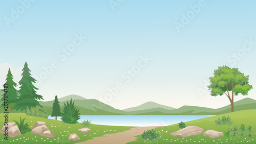 Serene landscape with trees lake and mountains vector illustration