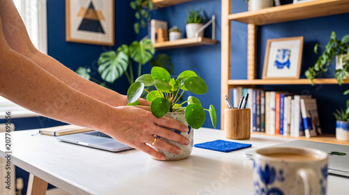 Tableau sur toile Female hands gently placing a Pilea plant in a stylish home office, adding natural green decor