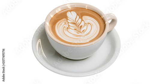 Fotografie White cup of latte with foam art on saucer
