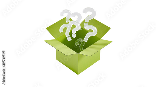 Konstfotografi Open green box with clear question marks emerging