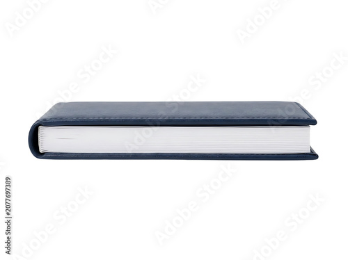 Side View of a Closed Navy Blue Leather Journal Isolated on White