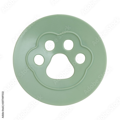 Green silicone drain strainer with a paw print design isolated on transparent background. Household accessory for hair catcher in sink or bathtub. Tool for bathroom and kitchen maintenance.