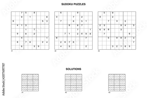 Bild auf Leinwand Three Hard Sudoku Puzzles in a Row with Answers on White Background