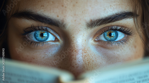 Close-up of a person's focused eyes as they immerse themselves in reading a classic novel with a beautifully designed cover against a stark white backdrop, captured with cinematic photography, 