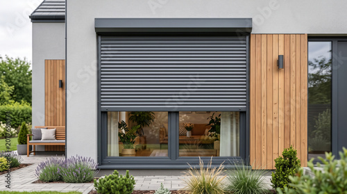 Modern house exterior with a grey roller shutter and wooden wall