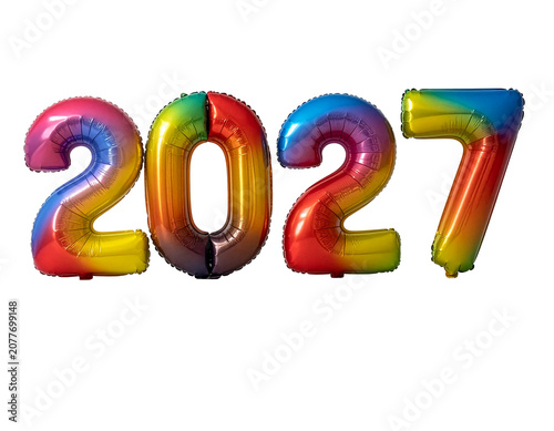 2027 New Year Text Sign Made of Colorful Rainbow Foil Balloons