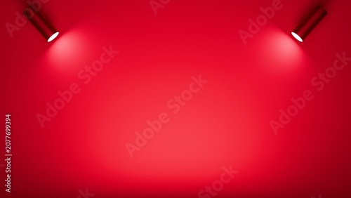 3D render of red background illuminated by two spotlights from top corners, creating bright central area with gradients, minimalistic abstract design element for stage, advertising, card, christmas
