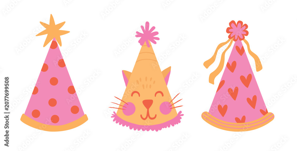 Fototapeta premium Kawaii Birthday Party Hat Collection. Cute hand drawn pink celebration cone set with cat, heart and polka dot design for kids festive scrapbook and collage
