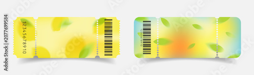 Set of modern spring-summer event tickets templates with abstract gradient and green leaves, and lemons. 
Vector illustration.