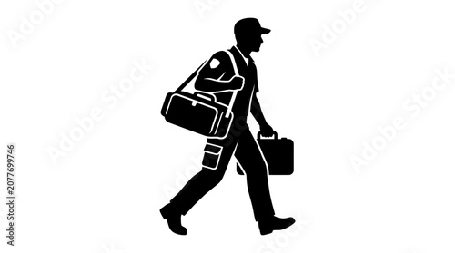 Canvas-taulu Delivery Man Silhouette Walking with Bags, Courier Service Icon, Vector