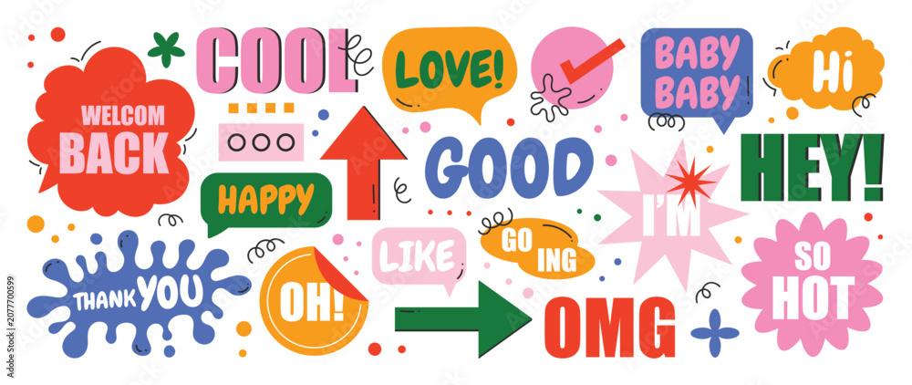 Obraz premium Speech bubble sticker vector set with retro typography, playful chat phrases, comic labels, arrows, splashes and cute doodle graphic elements