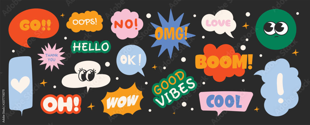 Fototapeta premium Speech bubble sticker vector set with colorful retro labels, playful typography, chat phrases, cute doodles and pop art graphic elements on dark background