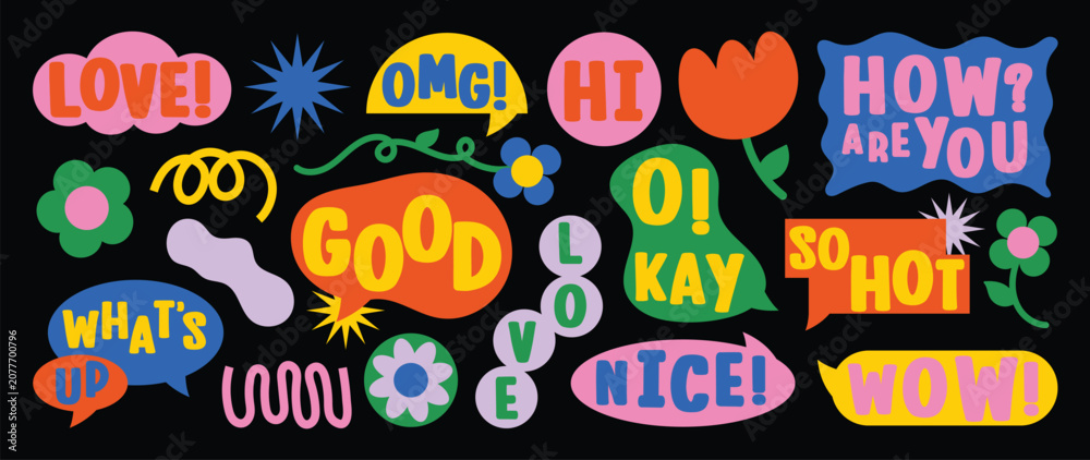 Fototapeta premium Speech bubble sticker vector set with colorful retro labels, playful typography, chat phrases, cute doodles and pop art graphic elements on dark background