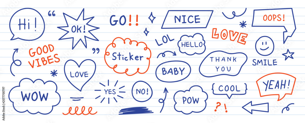 Fototapeta premium Doodle speech bubble vector sticker set with hand drawn chat phrases, notebook line art, cute quotes, arrows, hearts and comic icons