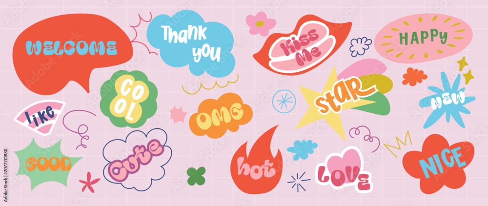 Fototapeta premium Speech bubble sticker vector set with retro typography, playful chat phrases, comic labels, arrows, splashes and cute doodle graphic elements