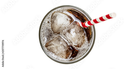Canvastavla Glass of cola with ice cubes and red striped straw