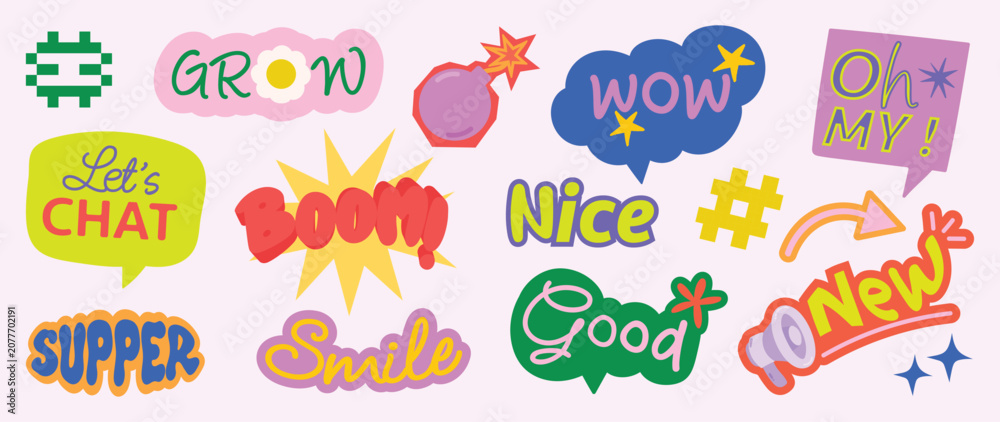 Fototapeta premium Speech bubble sticker vector set with retro typography, playful chat phrases, comic labels, arrows, splashes and cute doodle graphic elements
