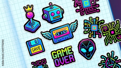 Vibrant neon retro-futuristic pixel art stickers with gaming symbols and colorful cyber shapes in a 90s style.