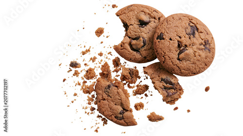 Картината върху платно Chocolate chip cookies broken with crumbs scattered