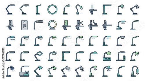Modern Desk Lamp Icons Set - Table Lighting Illustrations