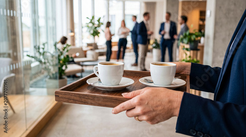 Tableau sur toile A photograph of a server's hands holding a wooden tray with two white coffee cups in a modern office lobby