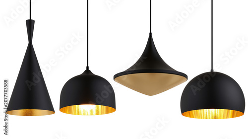 Foto Four black pendant lamps with gold interior, various shapes