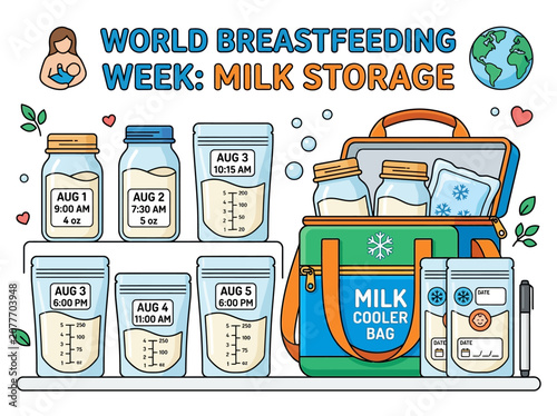 Cartoon infographic about breast milk storage showing containers bags and a cooler bag on shelves