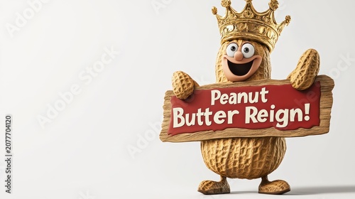 Cartoon peanut holding sign, proclaiming peanut butter reign