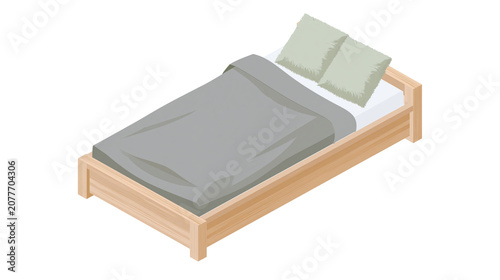 Schilderij op canvas Wooden bed with grey duvet and two light green pillows