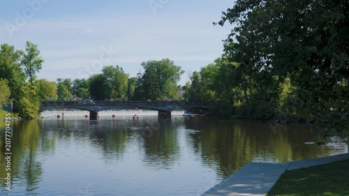 Landscape shot of a small bridge and dam in a small town