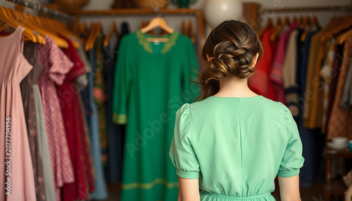 Female seller with green dress in clothing store, back view, vintage. White tone